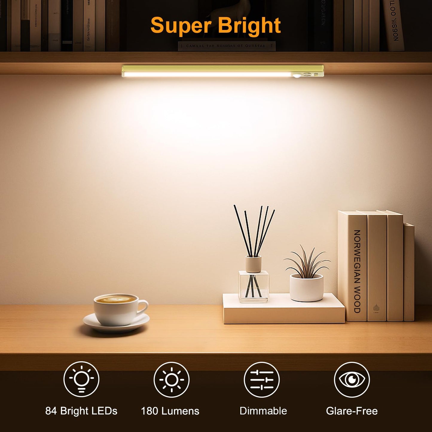 Gritin 10.2Inch Under Cabinet Lighting Rechargeable -84 Led Super Bright 3-Color& 5 Level Brightness 4 Modes Motion Sensor  Long Lasting- Easy Installation Magnetic Closet Lights -2 Pack-Gold