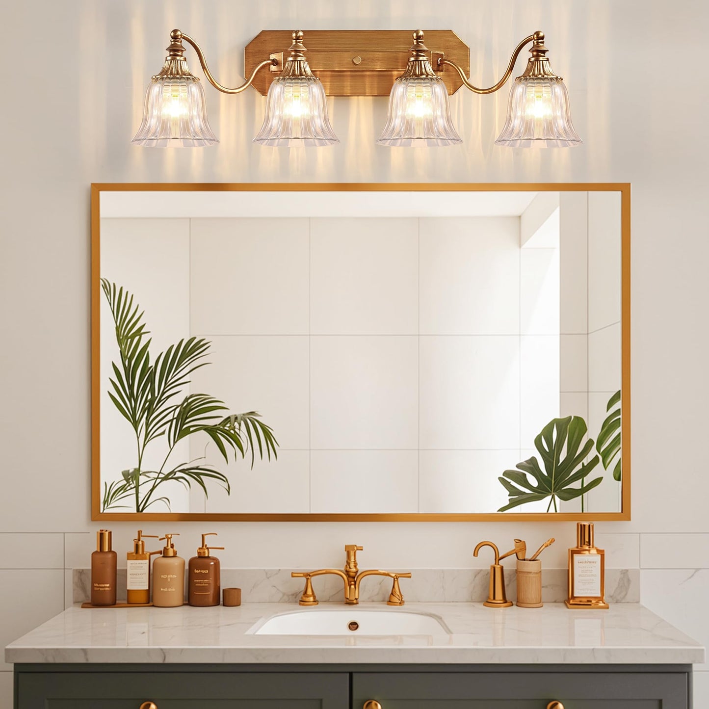Dvmteom Gold Vintage Bathroom Light Fixtures  4-Lights Bathroom Vanity Light  Antique Brushed Gold Lighting Fixtures Over Mirror With Crystal Glass Shade  Wall Sconce Lighting