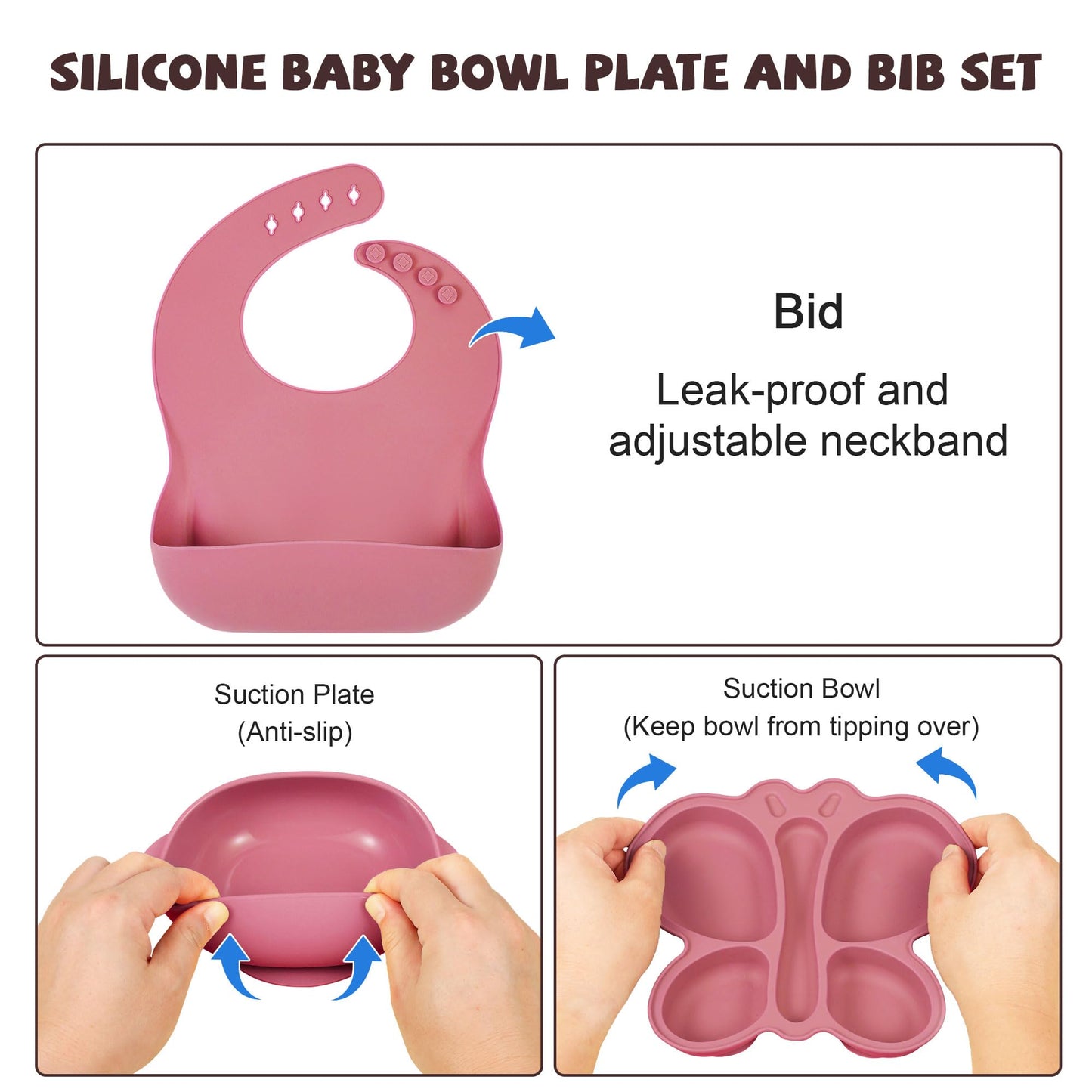 Silicone Baby Feeding Set, Baby Led Weaning Supplies, Silicone Suction Butterfly Plate, Bowl, Spoons, Fork and Waterproof Bib & Cloth Bib, Eating Utensils Baby Feeding Essentials (Pink)