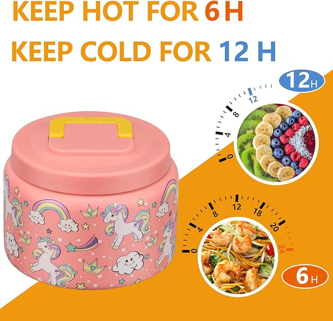PIQUEBAR 8oz Kids Thermo for Hot Food,Small Lunch Thermos Food Container Stainless Steel,Easy Open Wide Mouth Thermo for Hot Cold Food for Preschool Travel (Pink Unicorns)