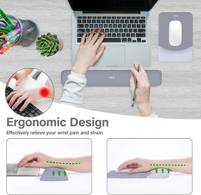 MOSISO Wrist Rest Support for Mouse Pad&Keyboard Set, Rectangular Ergonomic Mousepad Non-Slip Base Home/Office Pain Relief&Easy Typing Pad with Neoprene Cloth&Raised Silicone Lining, Gray