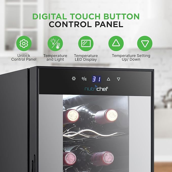 Nutrichef 14 Bottle Wine Fridge | Single Zone Wine Chiller | Adjustable Temp 41°F - 64°F | Ultra Quiet Operation | Wine Cooler for Home & Office | 34x10x17 IN (Black)