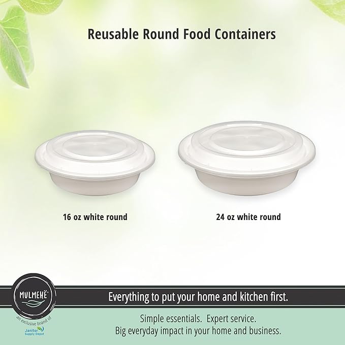 MULMEHË Plastic Food Storage Take-Out Container and Lid Combo, 16 oz, Microwaveable, Round, White, 6x1.5”, Set of 150