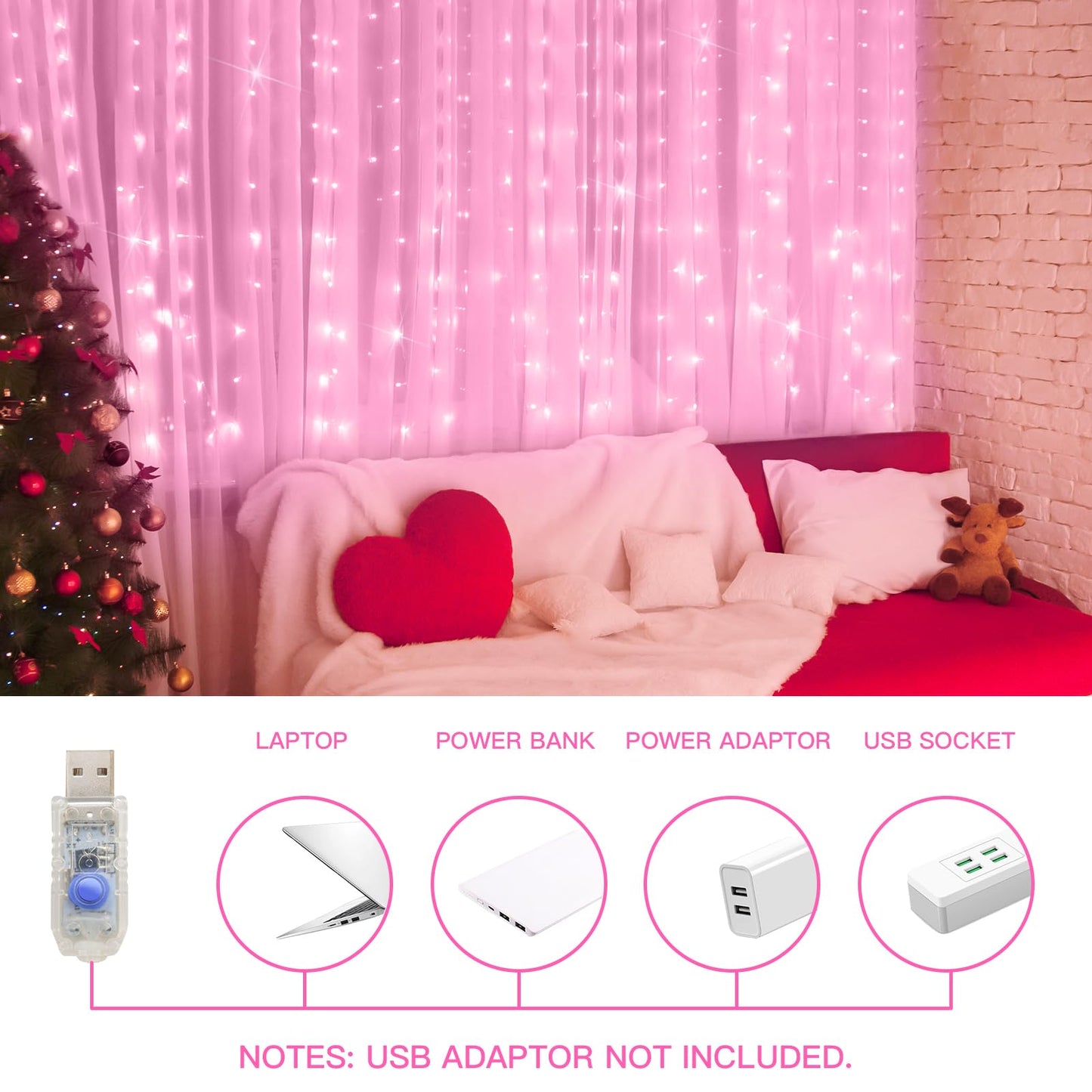 suddus Curtain Lights 200 LED Waterproof Fairy String Lights for Bedroom, Wedding, Party - Pink