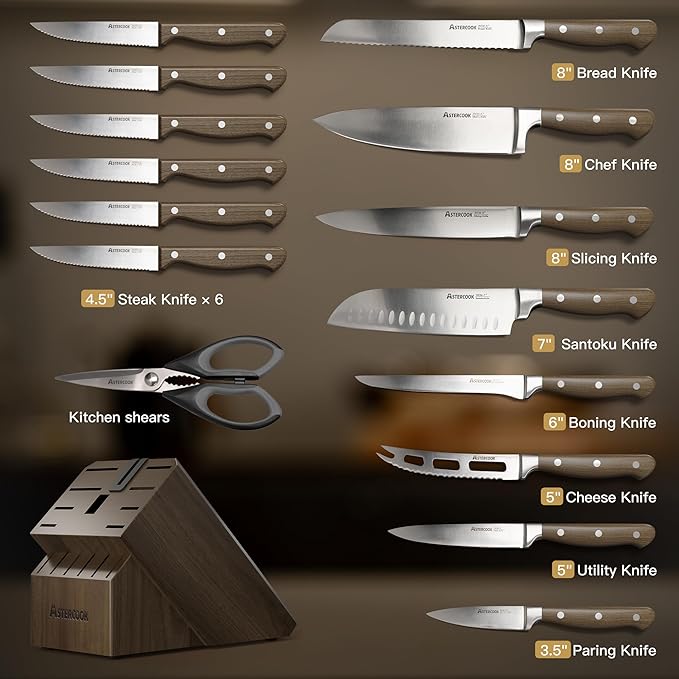 Astercook Knife Set, 17-Pieces Forged Kitchen Knife Set with Block – Full-Tang Stainless Steel Knives, Forged Triple Rivet, Luxury Walnut Handles, Gift-Ready Collection