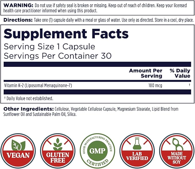KAL Liposomal Vitamin K2 Supplement with MK7 100 mcg, High Absorption, Liposomal Technology, Advanced Bone Support, Vegan Capsules, Gluten Free, Made Without Soy, 30 Servings