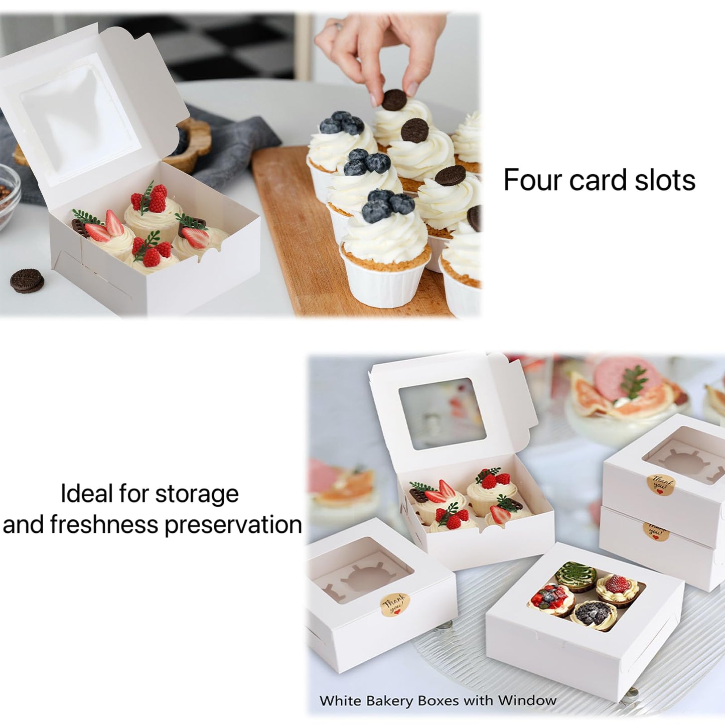 HUFEII 30 Pcs Bakery Boxes with Clear Window, 6.3x6.3x3 Inches, Food Grade Materials, Easy Assembly - Containers for Cupcakes, Cookies, Candies, and Baked Goods