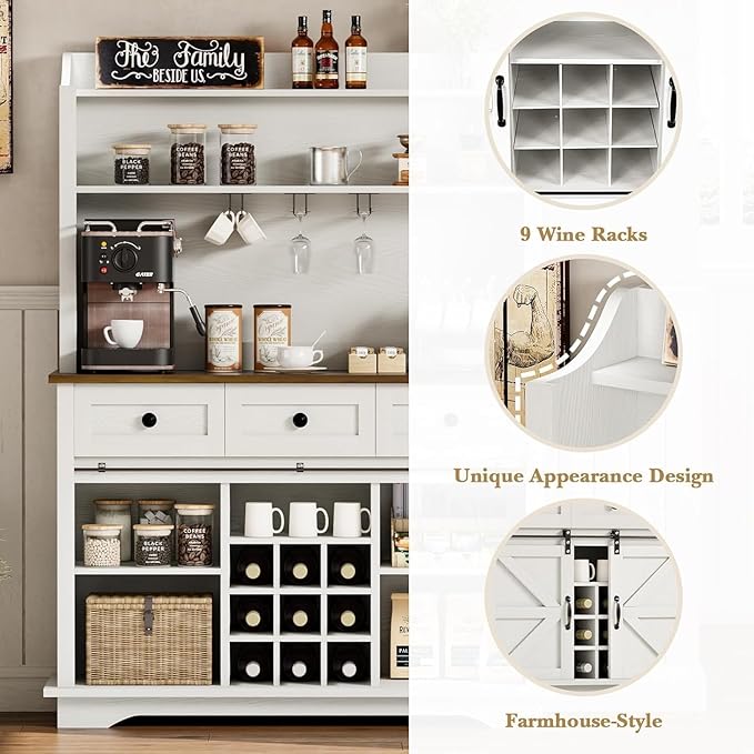 63 Inch Tall Coffee Bar Cabinet with 3-Tier, Kitchen Hutch with 3 Large Drawers, Farmhouse Coffee Bar with 9 Wine Racks & 3 Glass Holders, Wine Storage Cabinet for Living Dining Room, White