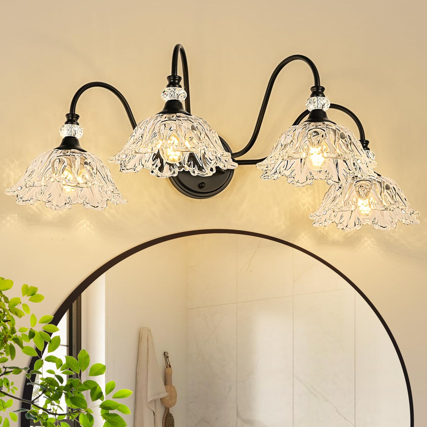 Sunkryster 4-Light Matte Black Bathroom Vanity Light  Farmhouse Vanity Light With Floral Clear Glass Shades  Vintage Wall Mount Lighting For Bathroom