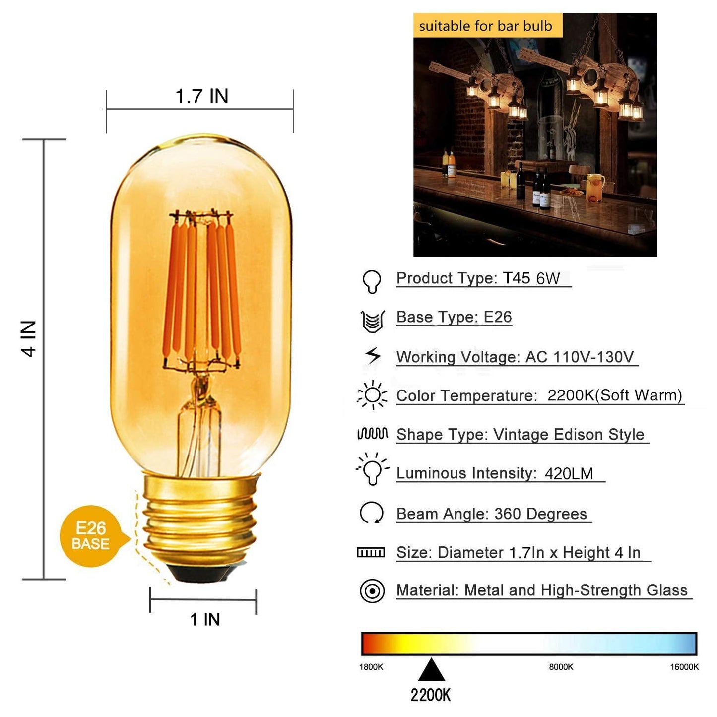 yfxrlight Dimmable 6W LED Edison Bulbs, 2200K Warm Light, E26 Base, 420LM, 6-Pack, Glass