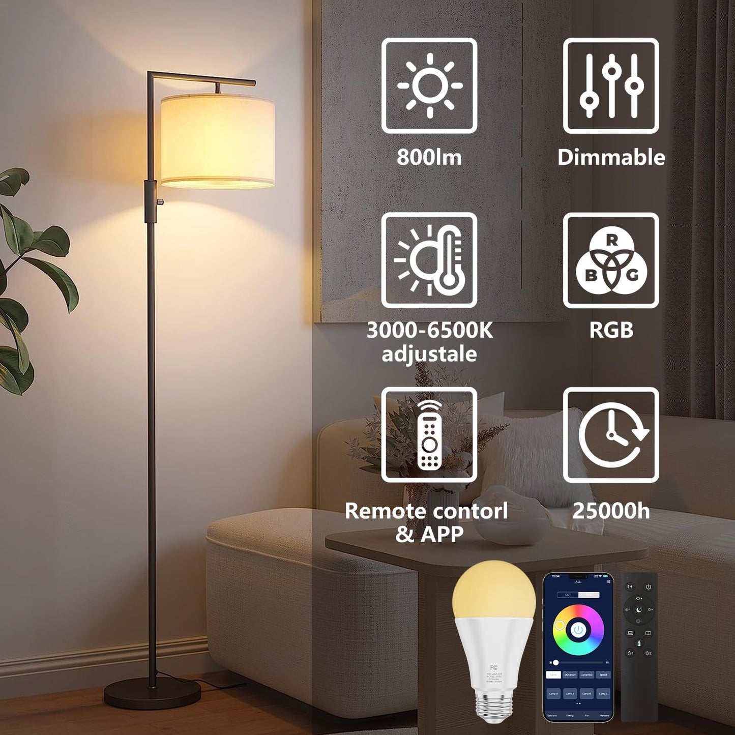 MXhme A19 Color Changing Light Bulb, Dimmable 9W (60W Equivalent), RGBWW, E26 Base, Remote & App Control, White