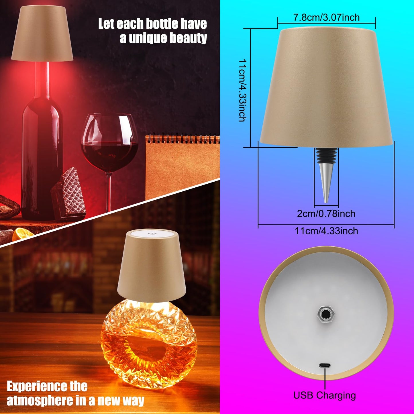 Wireless Bottle Lamp With Remote Control  Rechargeable Rgb Wine Bottle With 3Modes Light Dimming  Waterproof Touch Lamp Head For Room  Bar  Restaurant And Party Decorations(Gold Rgb)
