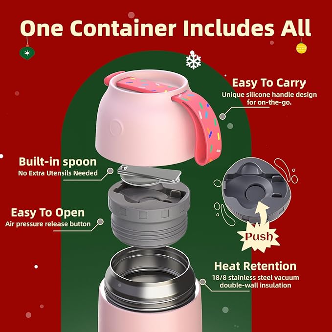2 Pack Soup Thermo for Hot Food for Adults Kids, Vacuum Insulated Food Jar, Lunch Thermo Food Container for School Office, Cute Travel Food Flask with Spoon(26 oz,18 oz) (Pink)