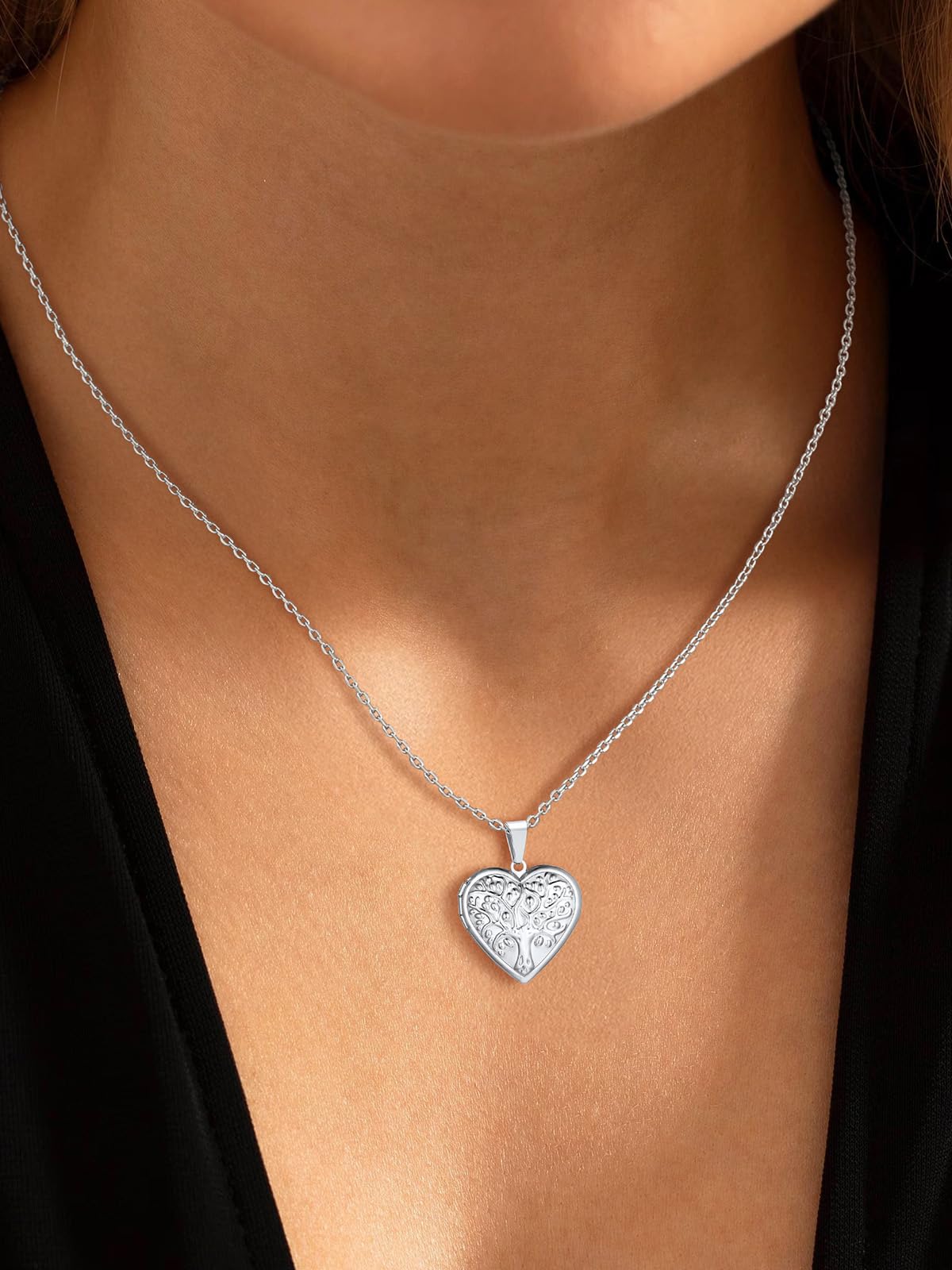 U7 Platinum Plated Family Tree Heart Shape Photo Locket Necklace, Christmas with Decent Box