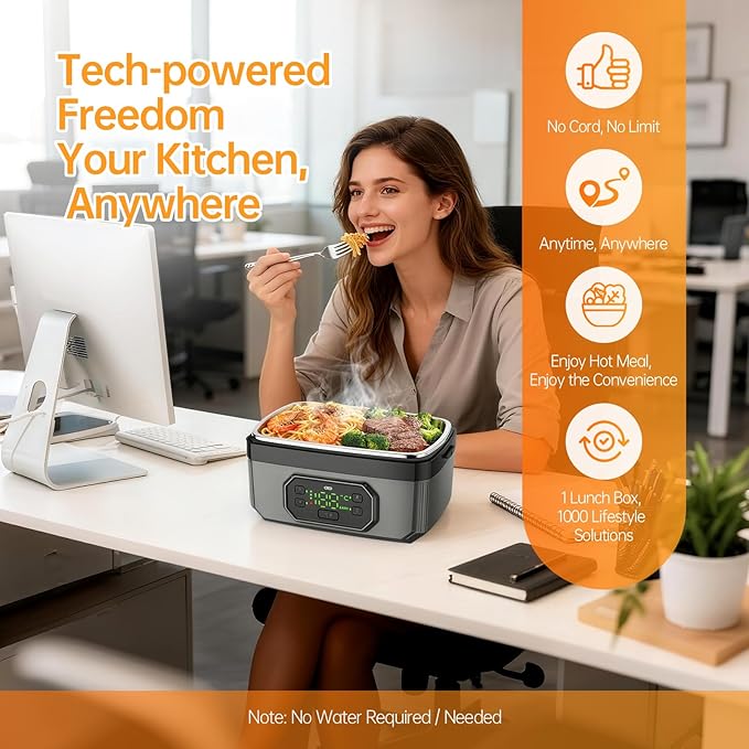 2025 Upgraded Model: 21000mAh Rechargeable Cordless Electric Lunch Box for Adults with Bag, 1.2L Food Warmer with Timer & Leak-Proof, Portable Self-Heating for Office, Car, Travel, Outdoor