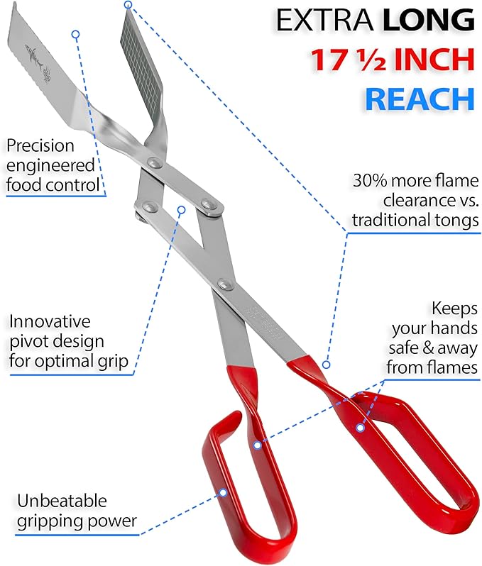 Shark BBQ Steak Grill Tongs - 17 inch Red. Professional outdoor grilling utensil. Long reach Barbeque Grilling Tongs. Ideal for steak, fish, burger, and sausage