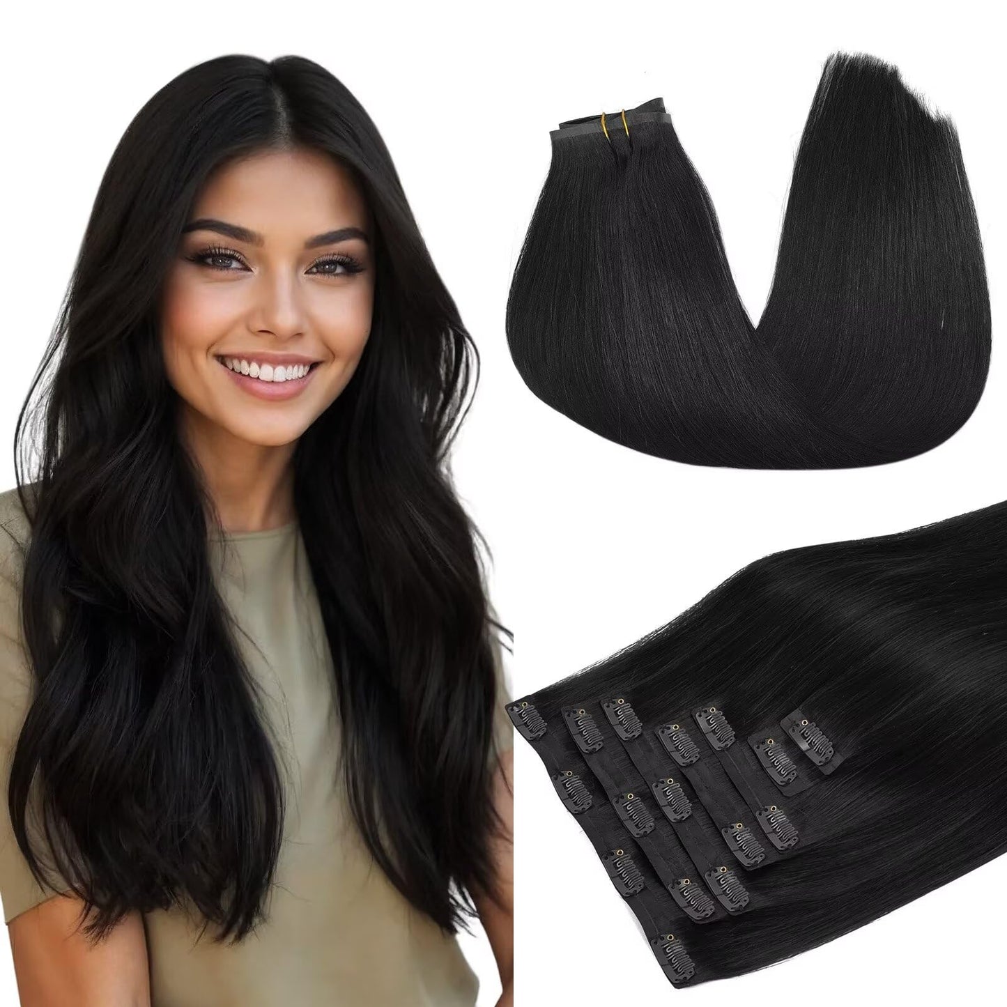 DOORES Clip in Hair Extensions Real Human Hair Invisible Edge, Jet Black 130g 7pcs 18 Inch Clip in Virgin Hair Extensions, Natur