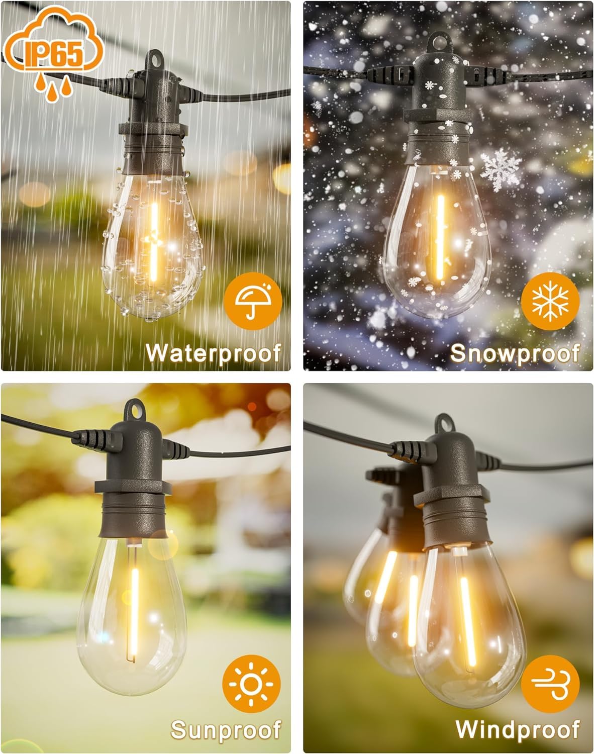 Jerritte LED Outdoor String Lights, 50FT, 15 Shatterproof Bulbs, IP65 Waterproof, Dimmable, Black, Model ASS14-04815-C