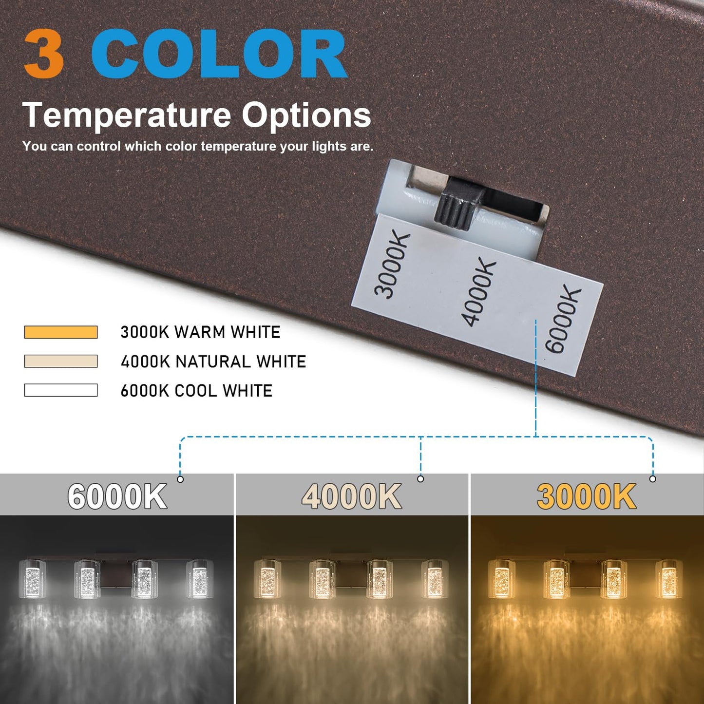 SineRise 4-Light Bronze Vanity Light with 3 Color Modes (3000K/4000K/6000K), Eye Protection LED Bathroom Light Fixture, Dimmable Modern Wall Light Over Mirror with Clear Glass Shade