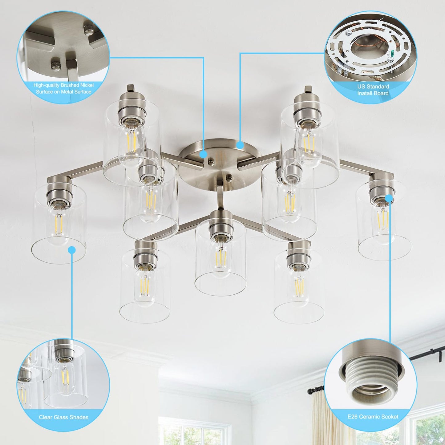 Diduio Brushed Nickel 9 Light Dining Room Ceiling Light Fixture Large Semi Flush Mount Ceiling Light Fixture Kitchen Lighting Fixtures Ceiling Light For Living Room With Clear Glass Shades