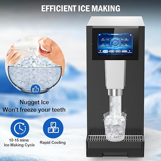 Nugget Ice Maker Countertop, 60 LBS/Day, 5LBS Ice Bin, Water Dispenser Countertop, Soft Chewable Pellet Ice Maker Machine Stainless Steel, Nugget Ice Machine Commercial for Bar, Café, Self-Cleaning