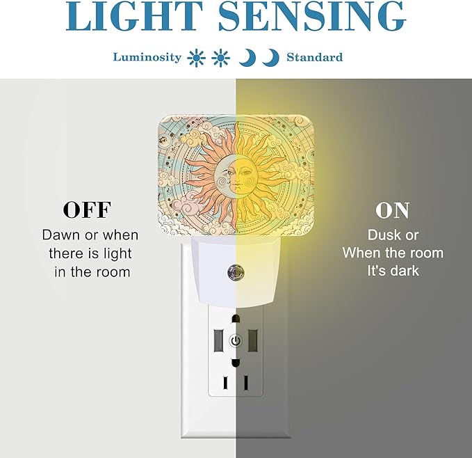 Vintage Mystical Astrology Night Light, Sun and Moon Nightlight Plug into Wall with Dusk to Dawn Sensor for Kid Girls Boys Women Men Bedroom, Hallway, Kitchen, Bathroom, Stairs Decor