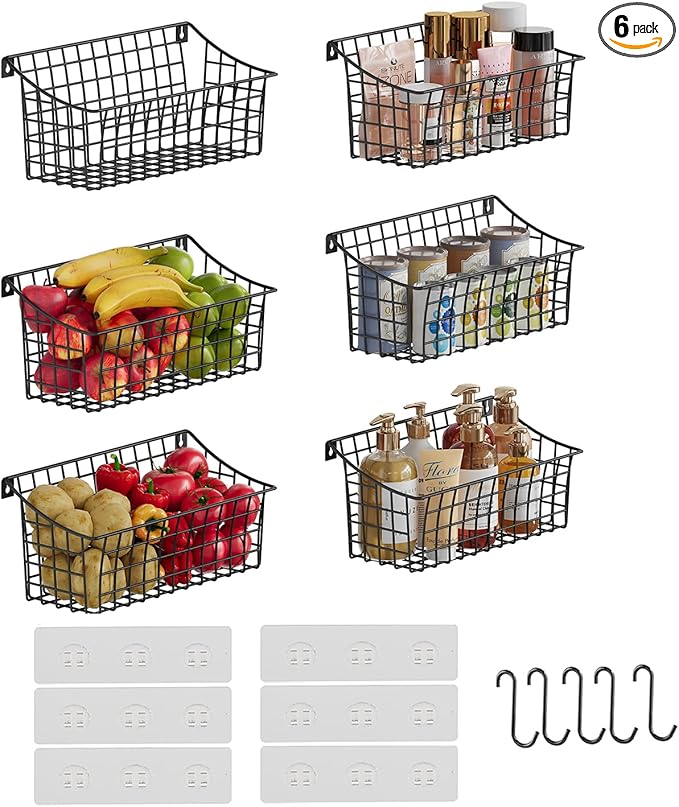 Sonyabecca 6 Pack Hanging Wall Basket for Organizing, EXTRA Large Wire Basket for Pantry with 5 S Hook+6 Adhesive Hook, Wall Mounted Shelf for Kitchen,Bedroom, Bathroom RV,Garage Organization& Storage