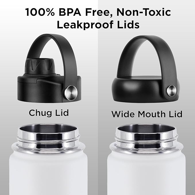 ThermoProof Hot & Cold Insulated Stainless Steel Water Bottle, Durable Leak Proof Gym Bottles for Men, Women & Kids, Double Walled Vacuum Bottles - 2 Lids (Mint, 22oz)