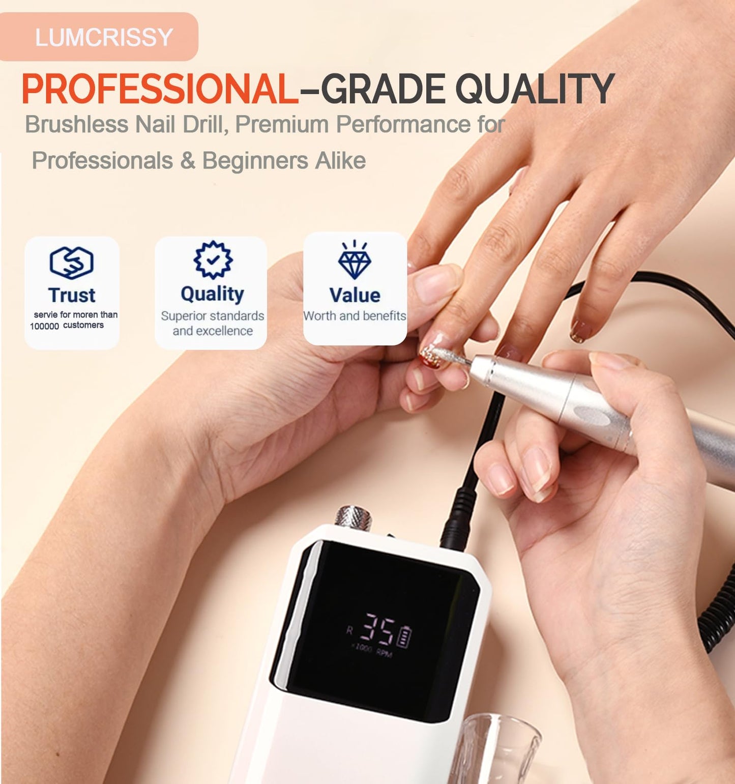 Lumcrissy Professional Nail Drill Machine - Cordless Brushless Motor Nail File, 45000 RPM 2*3500mAh Portable Efile for Acrylic G