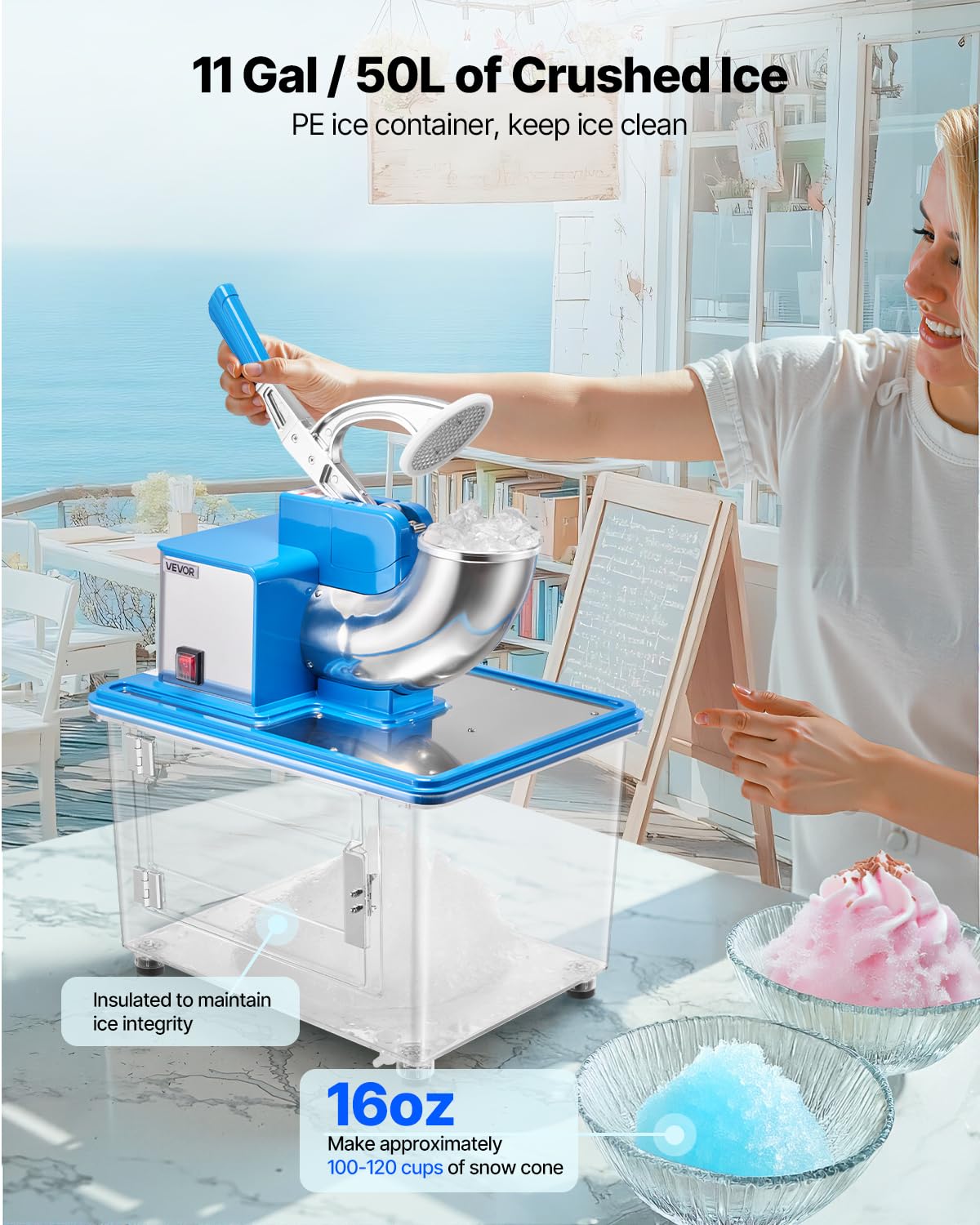 VEVOR Commercial Ice Crusher 661LBS/H, 350W Electric Snow Cone Machine with 4 Blades, 2000RPM Stainless Steel Shaved Ice Machine with 11 Gal Crushed-Ice Box, for Family Restaurants Bars, Blue
