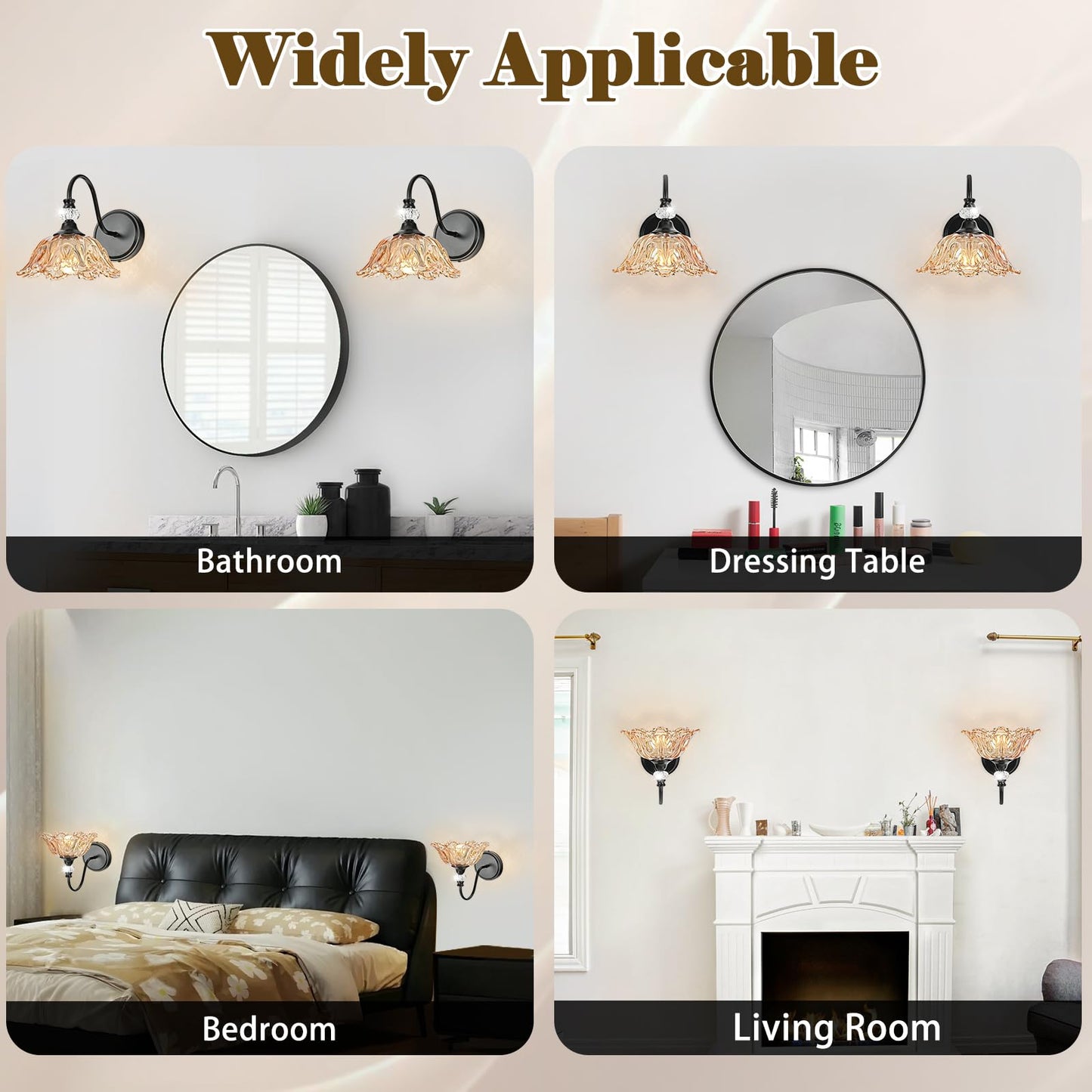 Sunkryster Black Wall Sconces With Floral Amber Glass Shades  Black Farmhouse Wall Mount Lighting For Bathroom Vintage Bathroom Vanity Light Fixtures