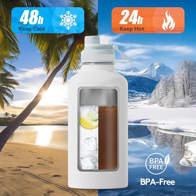 Insulated Water Bottle 64 oz, Double Walled Vaccum Stainless Steel Half Gallon Water Bottle with Straw and Handle, 2-in-1 (Straw & Spout) Water Flask Jug Lid for Gym and Outdoor Sports