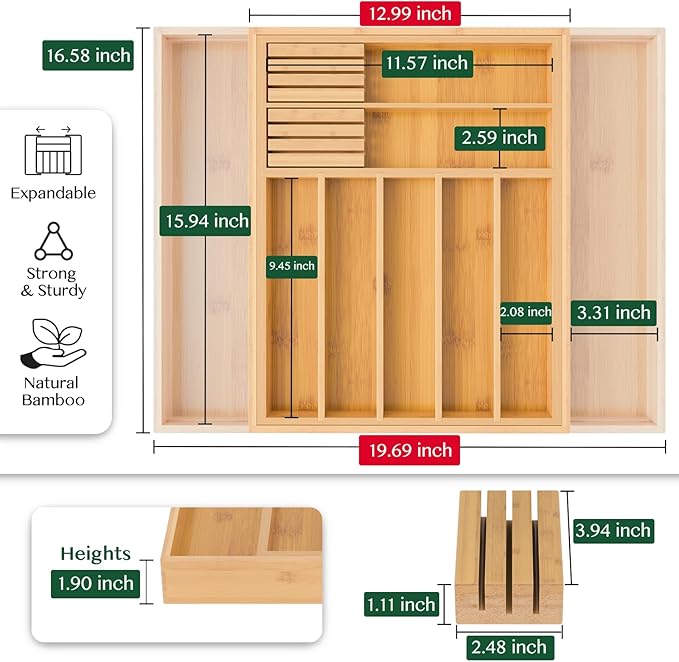 Bamboo Silverware Drawer Organizer, Expandable 13" to 20" Wide Kitchen Utensil Holder with 2 Knife Blocks, 7-9 Slots Cutlery Tray for Flatware (Natural)
