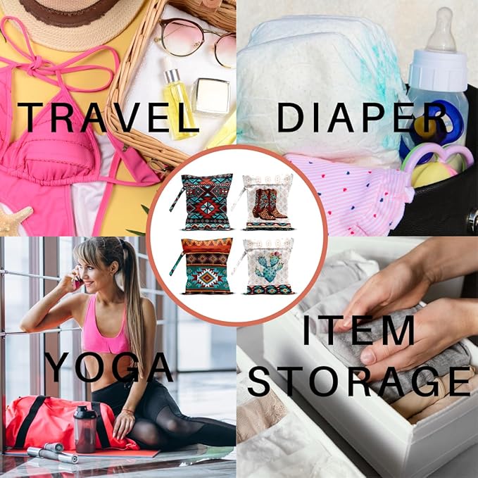 4 Pack Southwestern Boho Aztec Wet Bag Waterproof Washable Reusable Wet Dry Bag for Swimsuit Clothes Cloth Diaper Travel Beach Pool Yoga Gym Toiletries Gift for Women Mom Mama Birthday Christmas