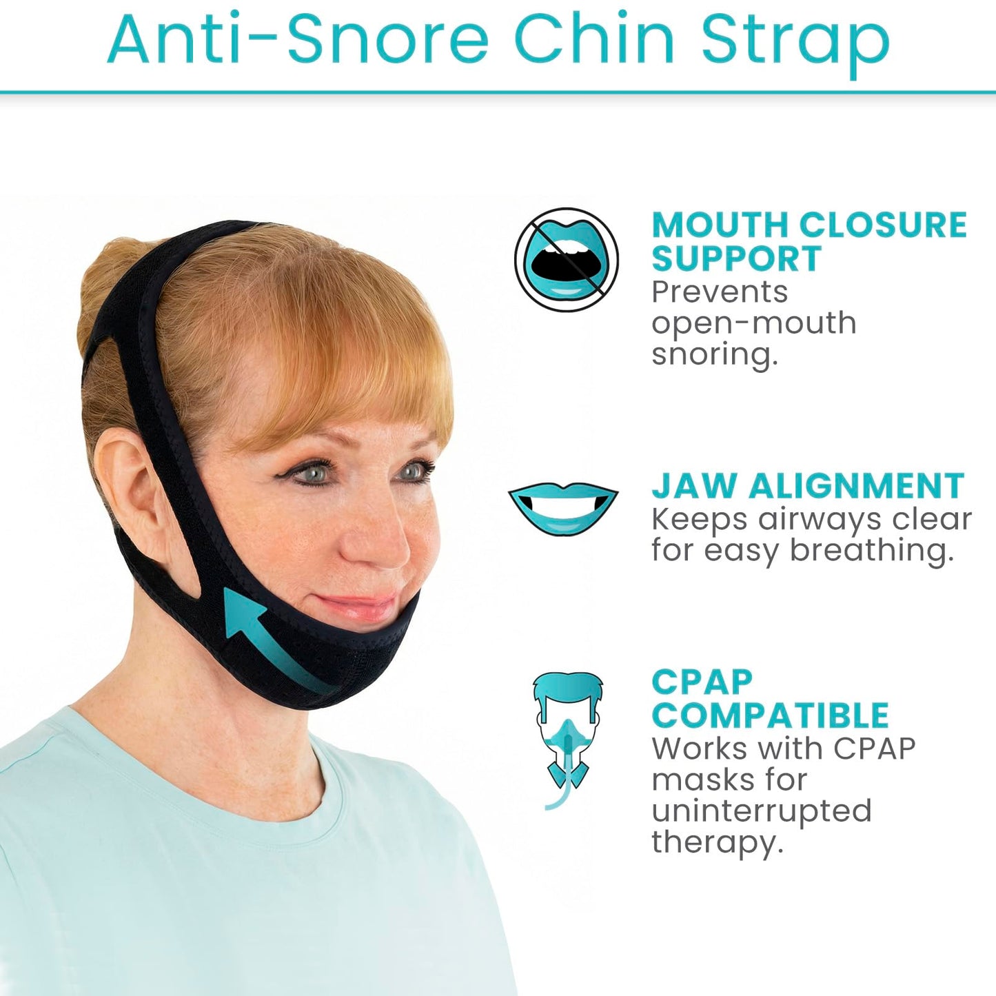 Vive Anti Snore Chin Strap for Sleeping - Stop Snoring Solution for CPAP Users - Airflow Head Band Device for Sleep Apnea Relief - Breathe Right, Mouth Breathing Prevention Accesories (Black)