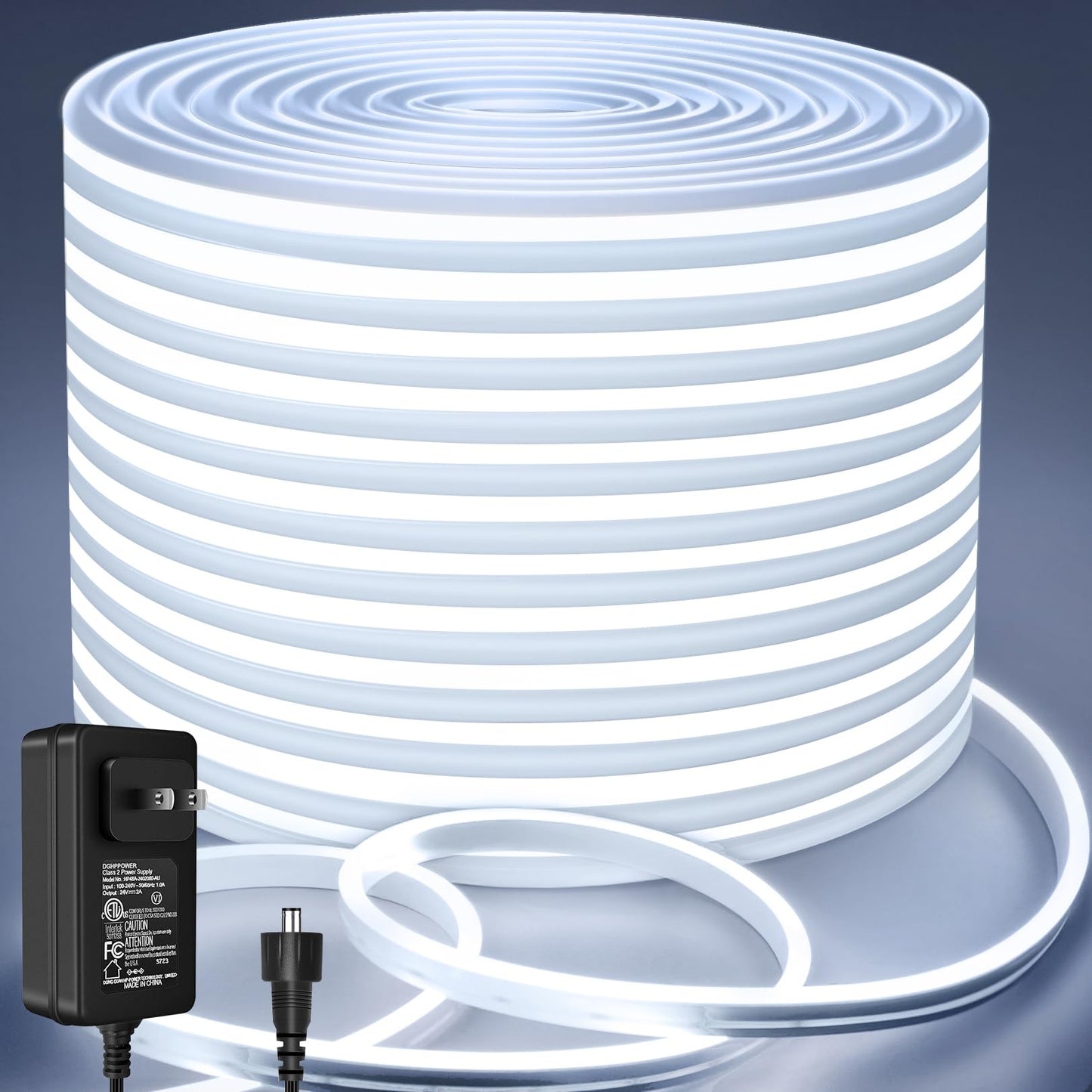 Lamomo Neon Led Rope Light 65.6Ft  White Led Strip Lights 1.96In/Cut  6000K Waterproof Flexible Silicone 24V Led Strip For Diy Neon Sign Bedroom Indoor Outdoor Decor(Power Adapter Included)