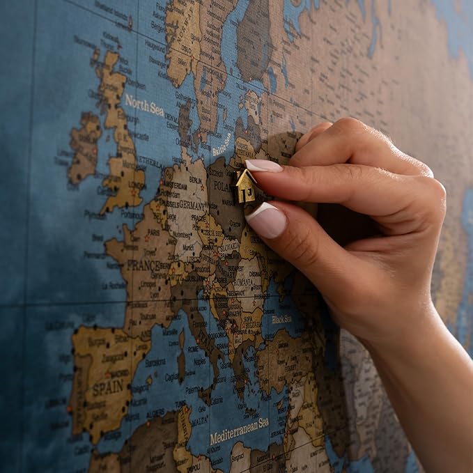 Canvas World Map with Cork Pin Board - English Lettering - Decorative Wall Decoration for All Rooms - Canvas Pictures with World Map Motif (150x100 cm, Pattern 13)