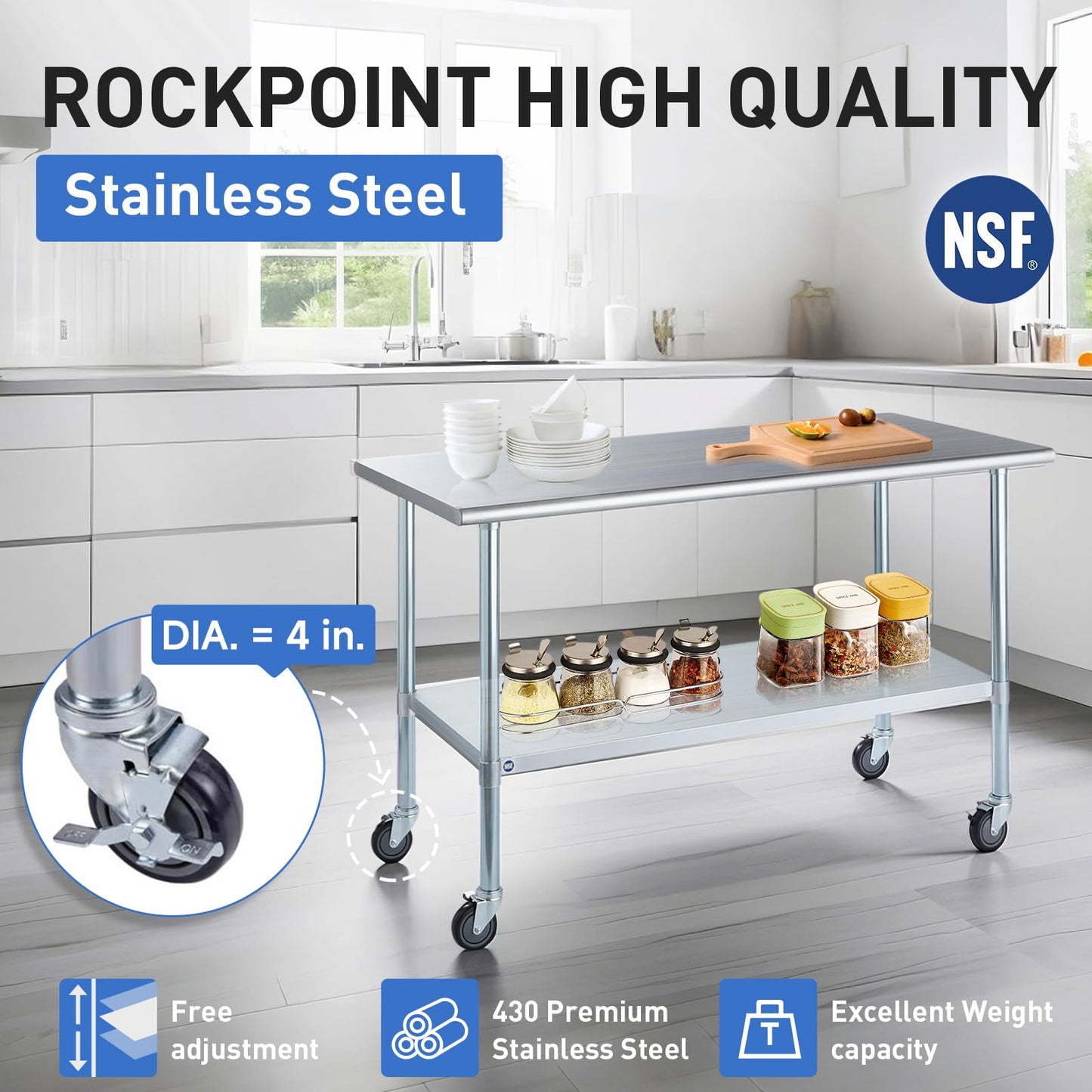 ROCKPOINT Stainless Steel Table for Prep & Work with Caster Wheels 30x60 Inches, NSF Metal Commercial Kitchen Heavy Duty Table with Adjustable Under Shelf and Table Foot for Restaurant, Home and Hotel