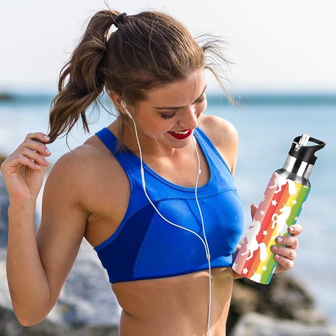 Blueangle Rainbow Stripe Unicorn Star Stainless Steel Water Bottle with Straw, BPA Free Reusable Leakproof Water Jug for Fitness Camping Outdoor Sports