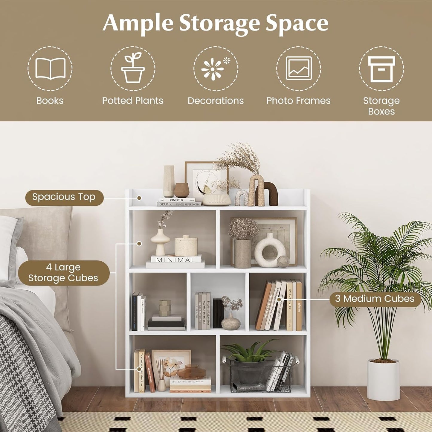 Giantex 7 Cube Bookshelf of 2, Free-Standing Wooden Bookcase, 4 Tier Home Display Shelf, Horizontal Storage Unit w/Anti-Toppling Devices, Open-Back Display Rack for Study, Living Room, White