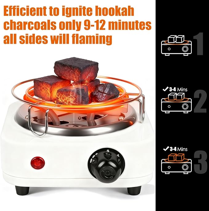 Electric Charcoal Burner Stove, 500W Hookah Single Coil Hot Plate Starter with Grill Tongs, 5-Level Temp, Smart Heat Control & Stainless Steel Fast Heating for Cooking top Countertop(White)