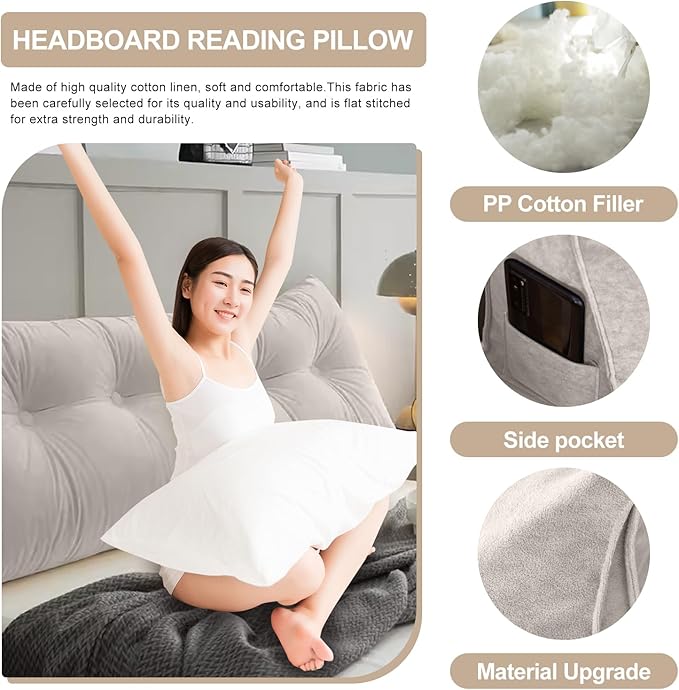 Large Triangular Headboard Pillows Long Backrest Positioning Support Bolster Cushion for Daybed Fluffy Quality Plush Body Wedge Pillow with Removable Cover(Light grey-King-76x8x20in)