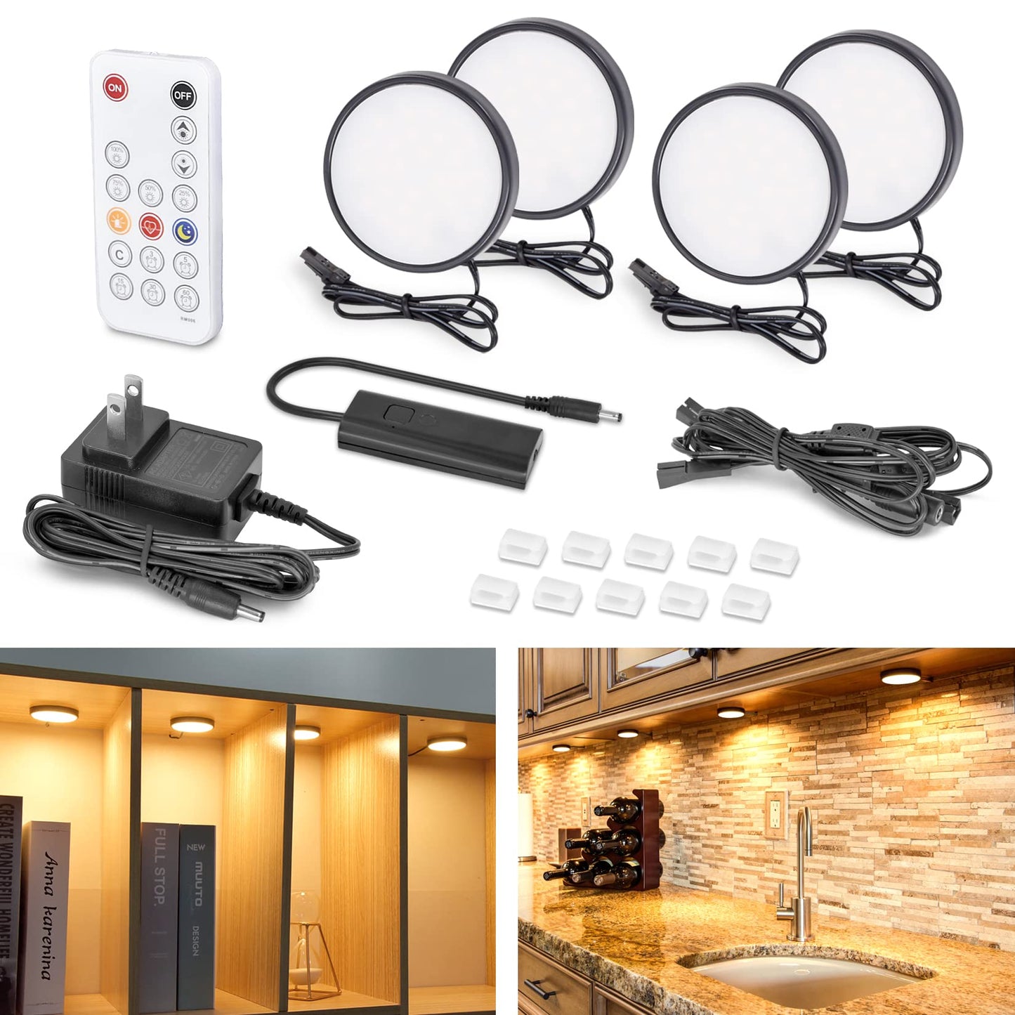Wobane Led Under Cabinet Lights, 9W Dimmable Puck Lights, 700 Lumens, Warm White, Set Of 4, Black Housing, Model Cs211
