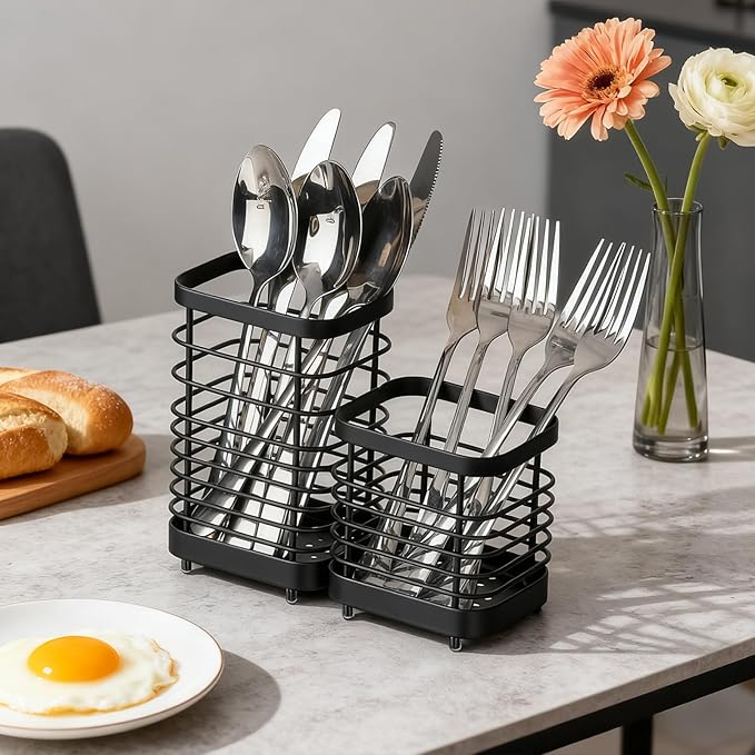 Utensil Holder, Stainless Steel Utensil Drying Rack for Kitchen Counter, Silverware Cutlery Flatware Holder Forks, Knives, Spoons, Chopsticks Organizer (Black, Tall & Short)