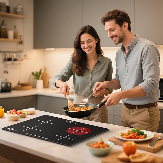 24" Electric Ceramic Radiant Cooktop, 6000W Built-in 4 Burner Stove Top with 9 Heat Levels, Timer & Child Safety Lock, Hard-Wearing Glass Surface (220–240V)