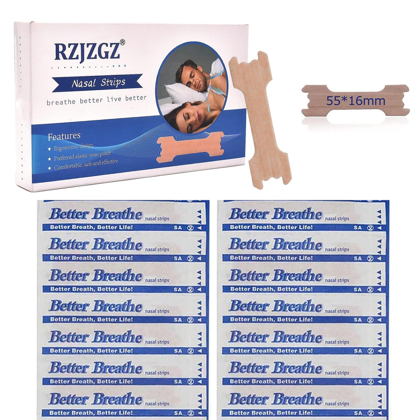 RZJZGZ Medium Breathe Improve Nasal Strips to Reduce Snoring Works Instantly to Improve Sleep, Relieve Nasal Congestion Due to Colds & Allergies (60 Pack)