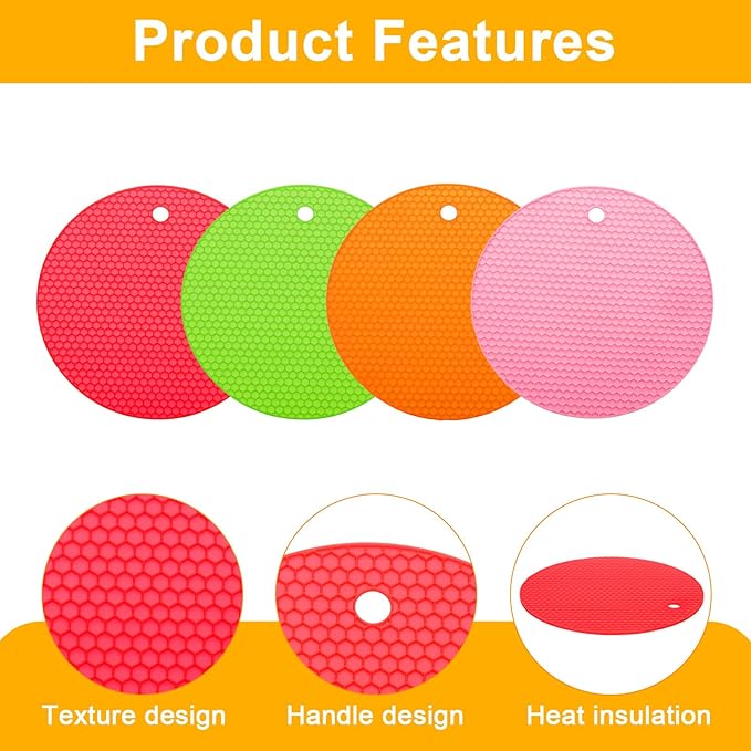 uxcell 4pcs Silicone Jar Opener Pads, 17.5cm/7" Texture Can Opener Multipurpose Round Bottle Lid Opener Non-Slip Coasters for Weak Hands Seniors Children, Pink/Red/Orange/Green