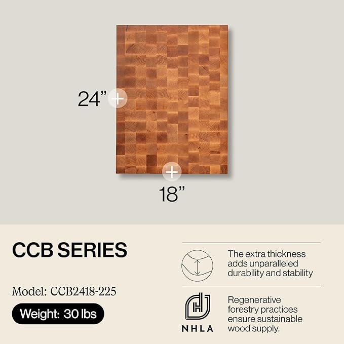 John Boos CCB Series Rectangular Wooden Maple Cutting Board 24”x18” – 2.25” Thick, 30-lb Reversible Butcher Block with End-Grain & Finger Grips – Made in the USA