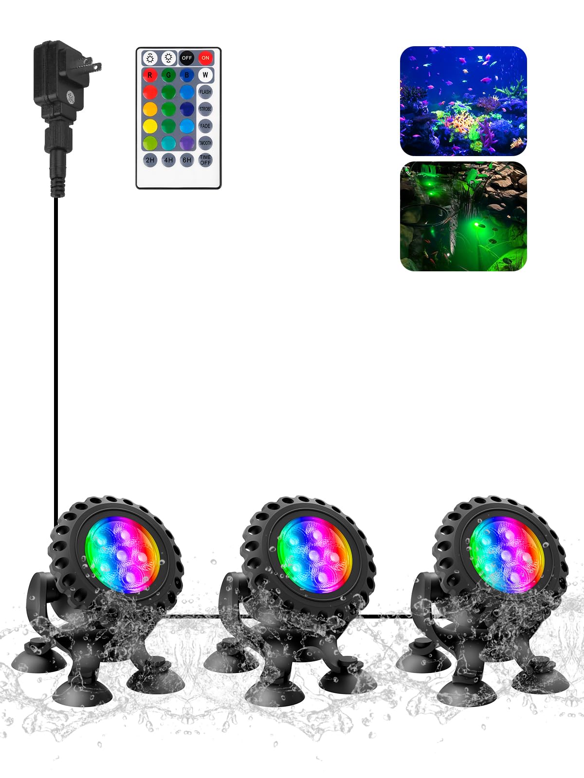 T-SUN Colored Pond Lights, Submersible LED Fountain Light Set of 3, IP68 Waterproof, Multicolor, Model TS-F2220-3H-RGB-US