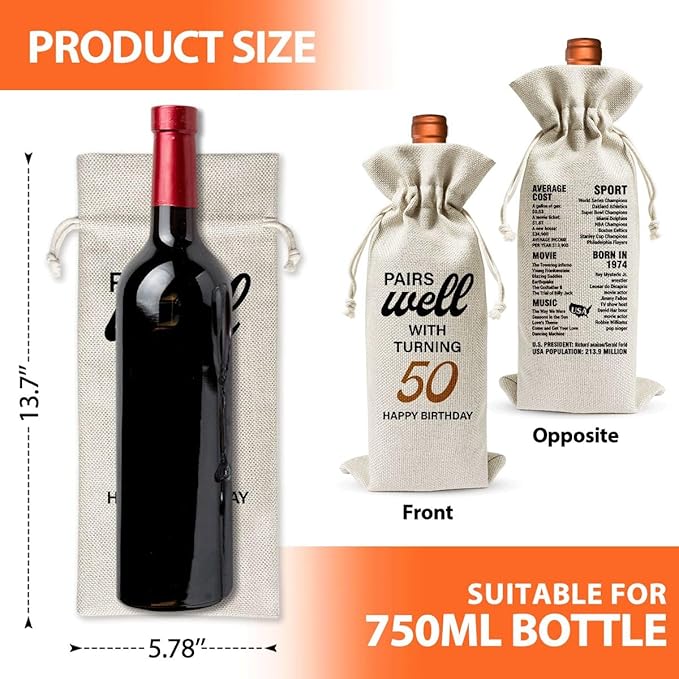50th Birthday Wine Gift Bag For Best Friend Mom Dad Women Men, 1974 Birthday Idea Gift, 50th Anniversary Wine Bag, 50th Birthday Party Decor, Drawstring Burlap Wine Bottle Bag